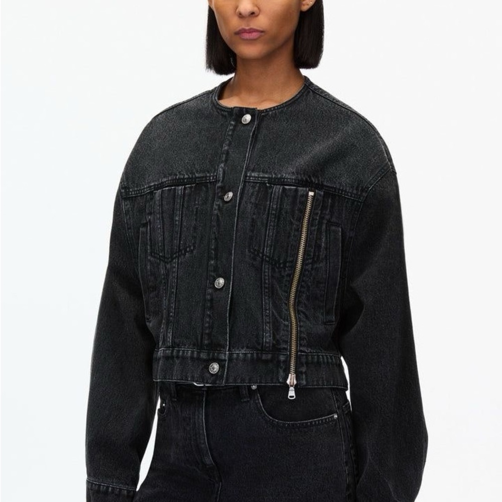 3.1 Phillip Lim Crew Neck Cropprd Black Jean Jacket with Front Zipper Detail